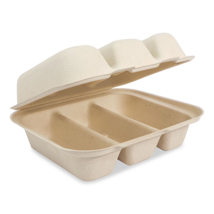 Fiber Hinged Takeout Containers, 8.8 x 8.2 x 2.9, Natural, Paper, 300/Carton