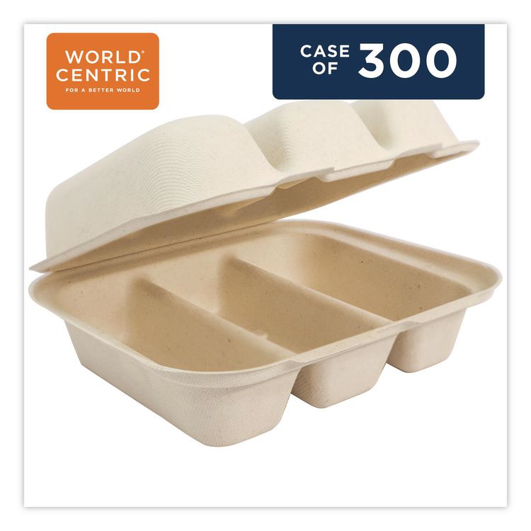 Fiber Hinged Takeout Containers, 8.8 x 8.2 x 2.9, Natural, Paper, 300/Carton