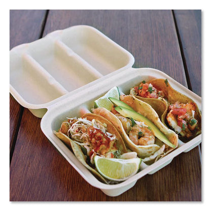 Fiber Hinged Takeout Containers, 8.8 x 8.2 x 2.9, Natural, Paper, 300/Carton