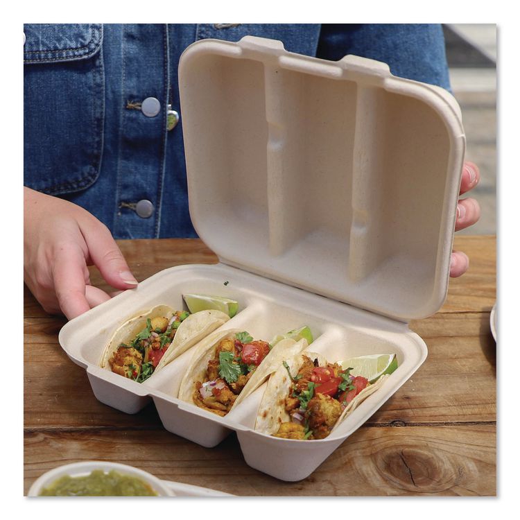 Fiber Hinged Takeout Containers, 8.8 x 8.2 x 2.9, Natural, Paper, 300/Carton