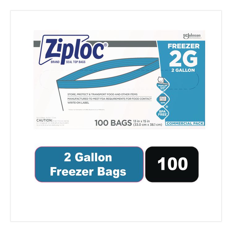 Zipper Freezer Bags, 2 gal, 2.7 mil, 13" x 15.5", Clear, 100/Carton