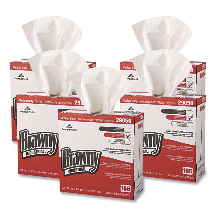 Medium Duty Scrim Reinforced Wipers, 4-Ply, 9.25 x 16.69, Unscented, White, 166/Box, 5 Boxes/Carton