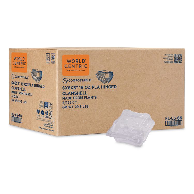 PLA Hinged Clamshells, 19 oz, 5.9 x 6.4 x 3.5, Clear, Plastic, 500/Carton