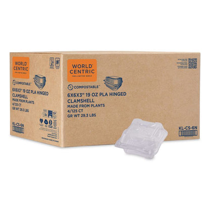 PLA Hinged Clamshells, 19 oz, 5.9 x 6.4 x 3.5, Clear, Plastic, 500/Carton