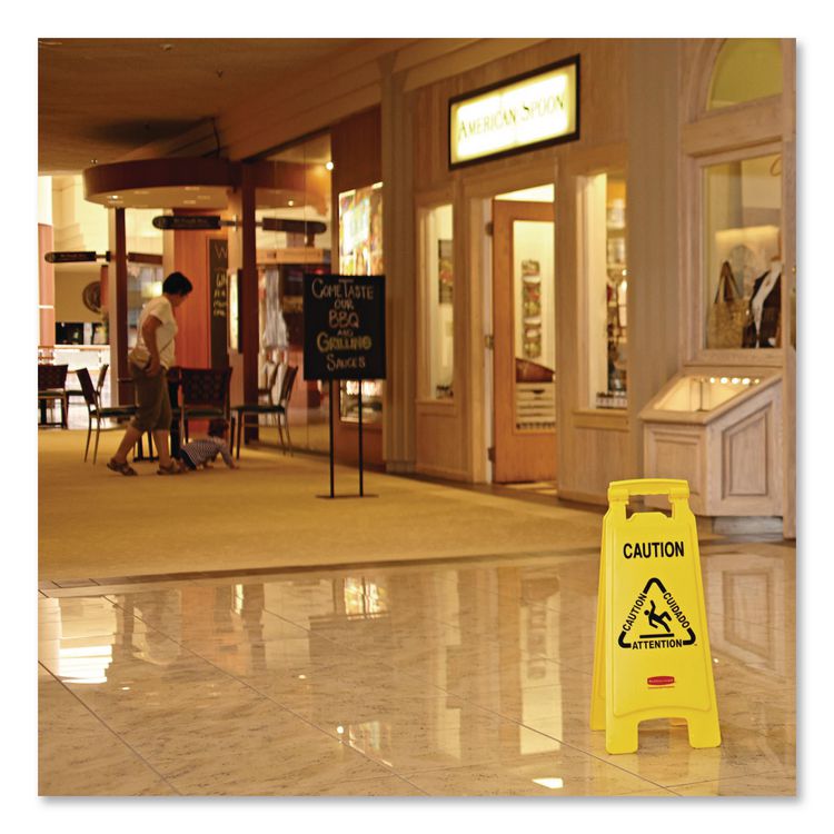 Multilingual "Caution" Floor Sign, 11 x 12 x 25, Yellow