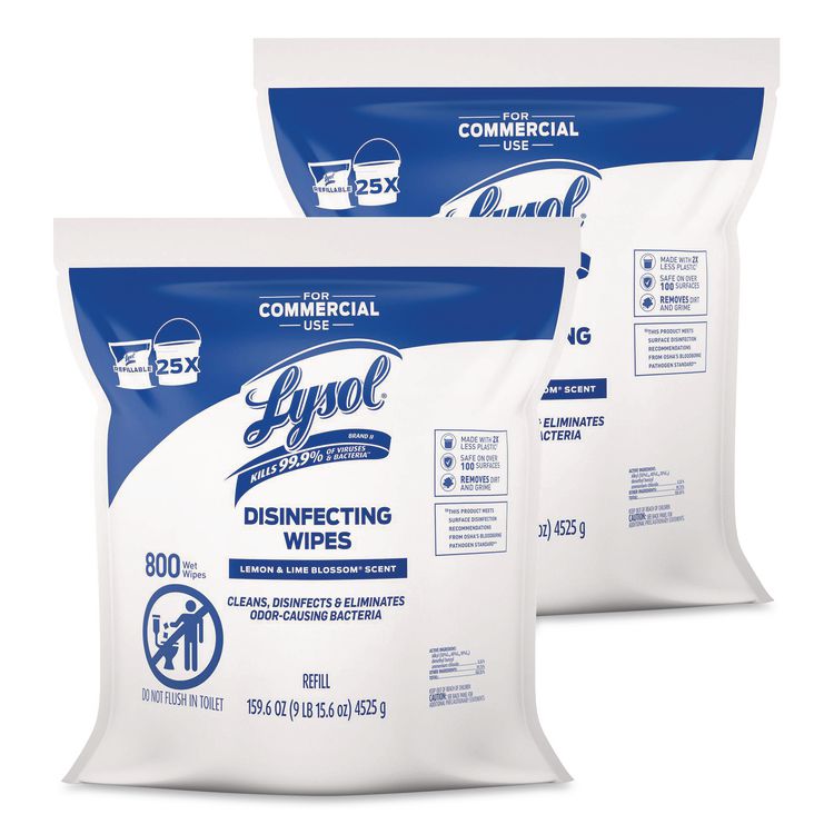 Professional Disinfecting Wipe Bucket Refill, 1-Ply, 6 x 8, Lemon and Lime Blossom, White, 800 Wipes/Bag, 2 Refill Bags/CT