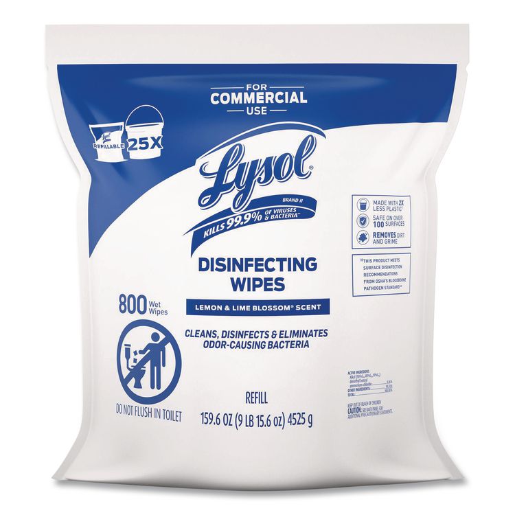 Professional Disinfecting Wipe Bucket Refill, 1-Ply, 6 x 8, Lemon and Lime Blossom, White, 800 Wipes/Bag, 2 Refill Bags/CT