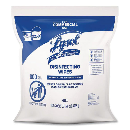 Professional Disinfecting Wipe Bucket Refill, 1-Ply, 6 x 8, Lemon and Lime Blossom, White, 800 Wipes/Bag, 2 Refill Bags/CT
