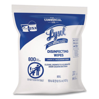 Professional Disinfecting Wipe Bucket Refill, 1-Ply, 6 x 8, Lemon and Lime Blossom, White, 800 Wipes/Bag, 2 Refill Bags/CT