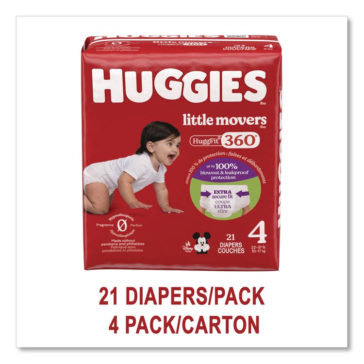 Little Movers HuggFit 360 Degree, Size 4, 22 lbs to 37 lbs, Disney Design, 21 Diapers/Pack, 4 Packs/Carton