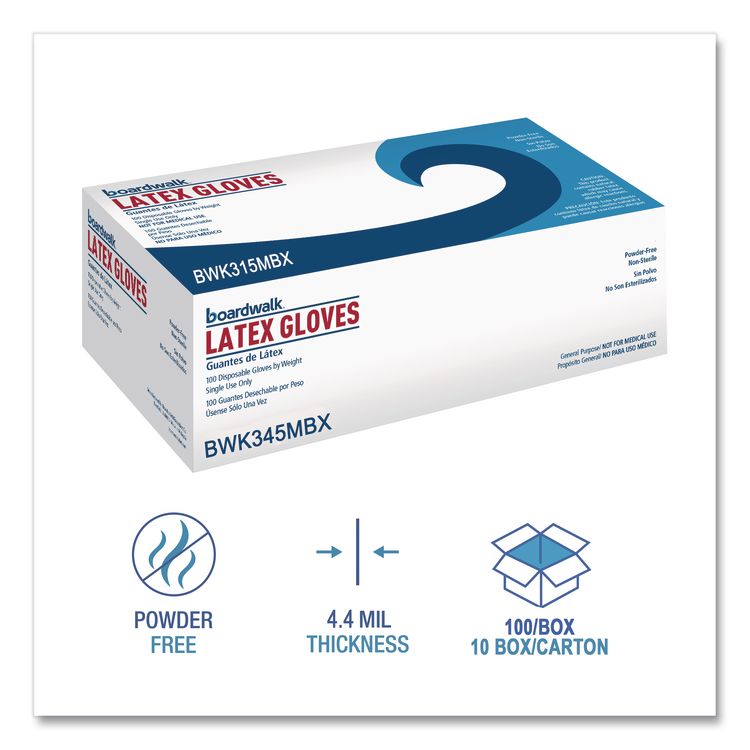 General-Purpose Latex Gloves, Powder-Free, Medium, 4.4 mil Thick, 9.5" Long, Natural, 100/Box, 10 Boxes/Carton