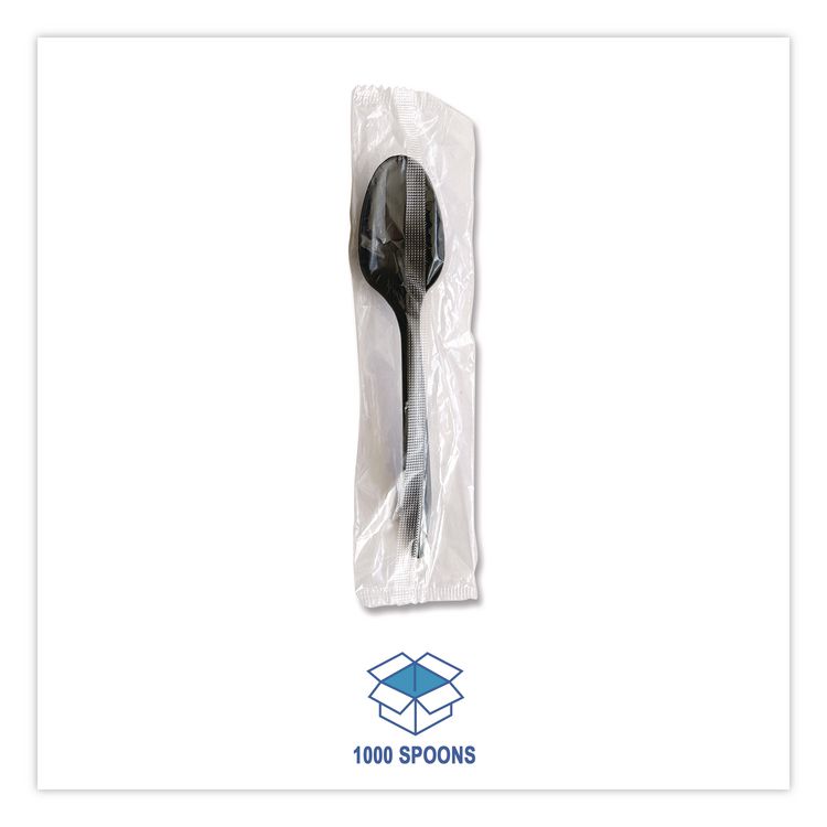 Mediumweight Polypropylene Cutlery, Individually Wrapped, Spoon, Plastic, Black, 1,000/Carton