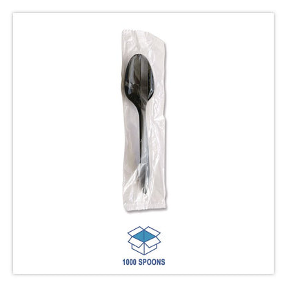 Mediumweight Polypropylene Cutlery, Individually Wrapped, Spoon, Plastic, Black, 1,000/Carton