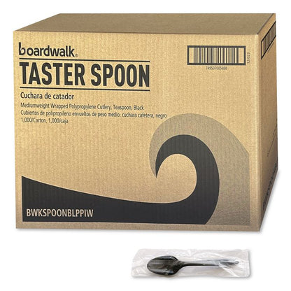 Mediumweight Polypropylene Cutlery, Individually Wrapped, Spoon, Plastic, Black, 1,000/Carton