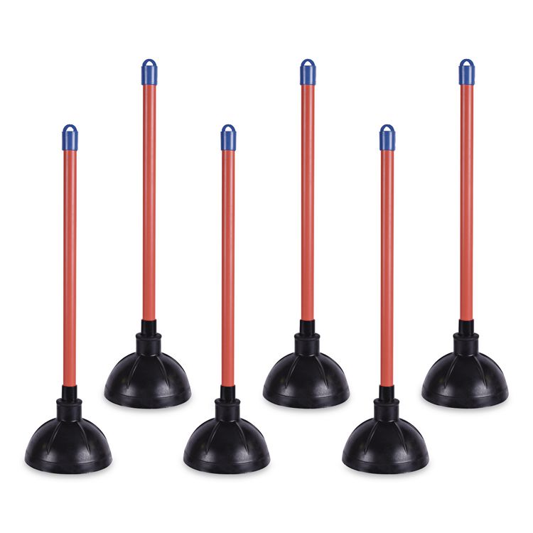 Toilet Plunger, 18" Plastic Handle, 5.63" dia, Red/Black, 6/Carton