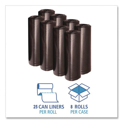 Low-Density Waste Can Liners, 23 gal, 0.9 mil, 28" x 45", Black, Perforated Roll, 25 Bags/Roll, 8 Rolls/Carton