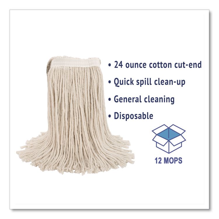 Premium Cut-End Wet Mop Heads, Cotton, 24 oz, White, 12/Carton