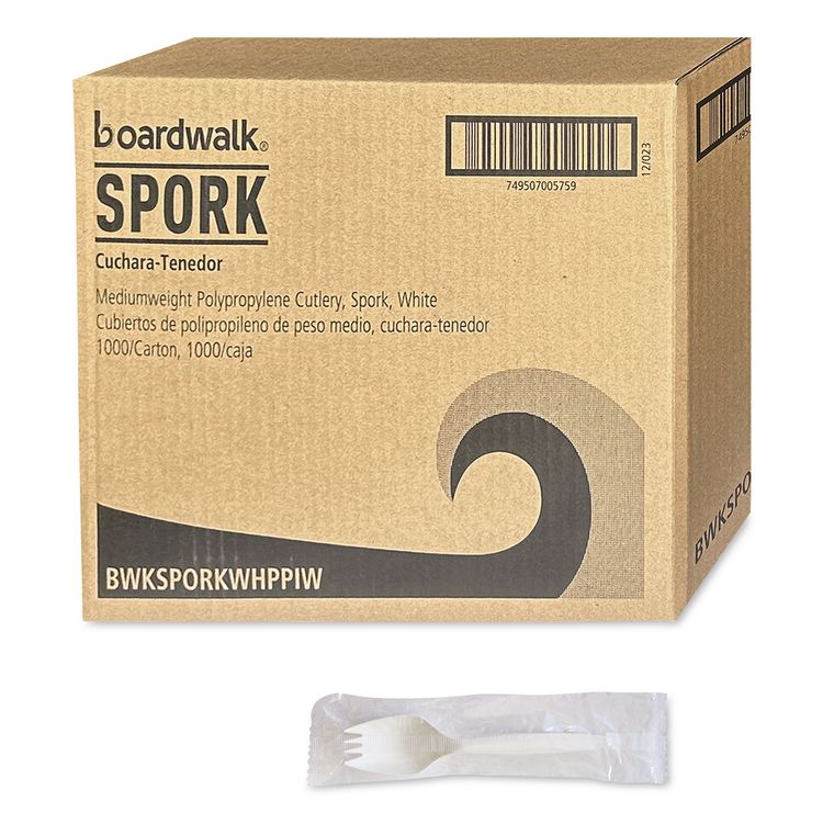 Mediumweight Wrapped Polypropylene Cutlery, Spork, Plastic, White, 1000/Carton