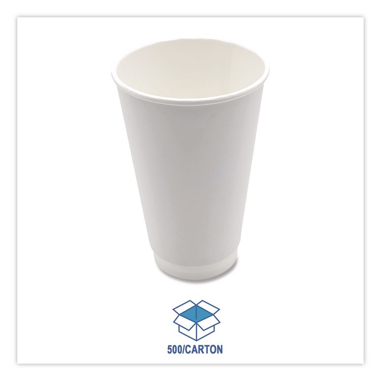 Paper Hot Cups, Double-Walled, 16 oz, White, 500/Carton