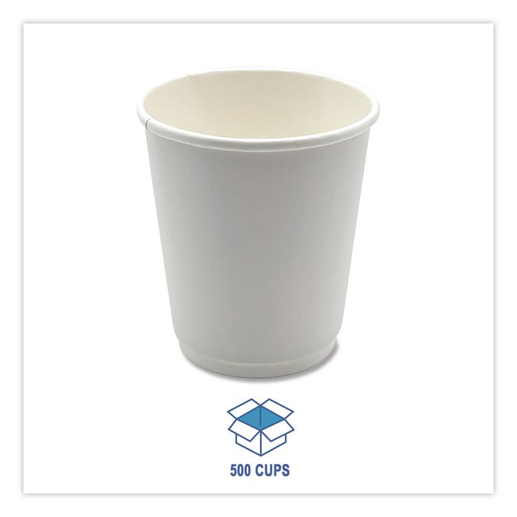 Paper Hot Cups, Double-Walled, 8 oz, White, 500/Carton