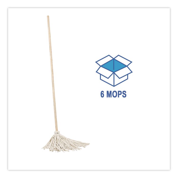 Handle/Deck Mops, #12 White Cotton Head, 48" Natural Wood Handle, 6/Pack