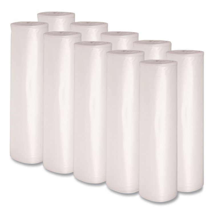 Recycled Low-Density Polyethylene Can Liners, 60 gal, 1.1 mil, 38" x 58", Clear, Perforated, 10 Bags/Roll, 10 Rolls/Carton