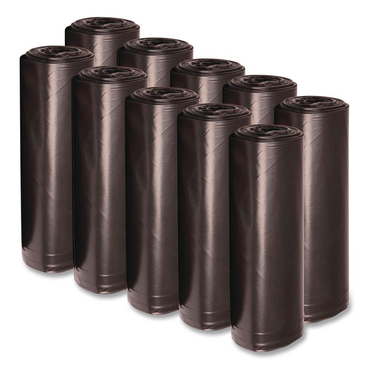 Recycled Low-Density Polyethylene Can Liners, 60 gal, 1.6 mil, 38" x 58", Black, Perforated, 10 Bags/Roll, 10 Rolls/Carton