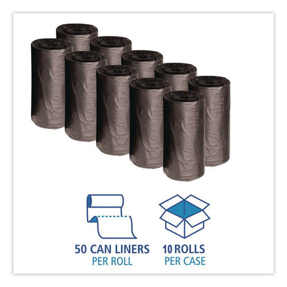 Low-Density Waste Can Liners, 10 gal, 0.35 mil, 24" x 23", Black, Perforated Roll, 50 Bags/Roll, 10 Rolls/Carton