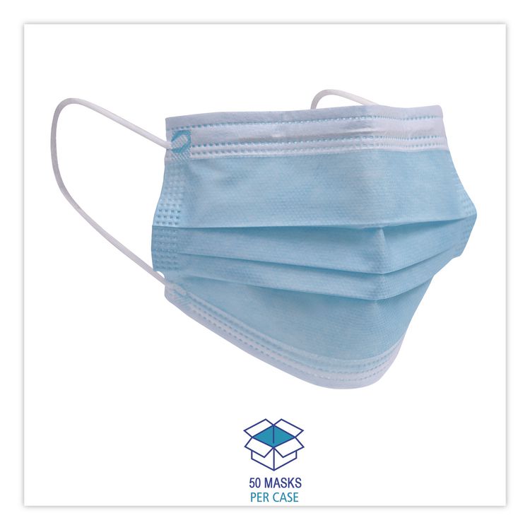 Three-Ply General Use Face Mask, Polypropylene, One Size Fits Most, Blue, 50/Box
