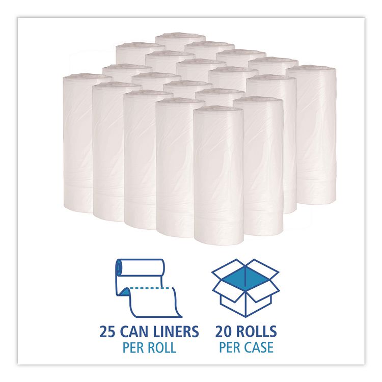 Low-Density Waste Can Liners, 10 gal, 0.4 mil, 24" x 23", White, Perforated Roll, 25 Bags/Roll, 20 Rolls/Carton