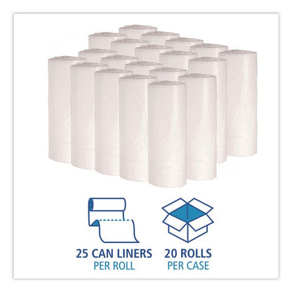 Low-Density Waste Can Liners, 10 gal, 0.4 mil, 24" x 23", White, Perforated Roll, 25 Bags/Roll, 20 Rolls/Carton
