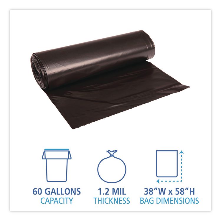 Reprocessed Resin Can Liners, 60 gal, 1.2 mil, 38 x 58, Black, 50 Bags/Carton