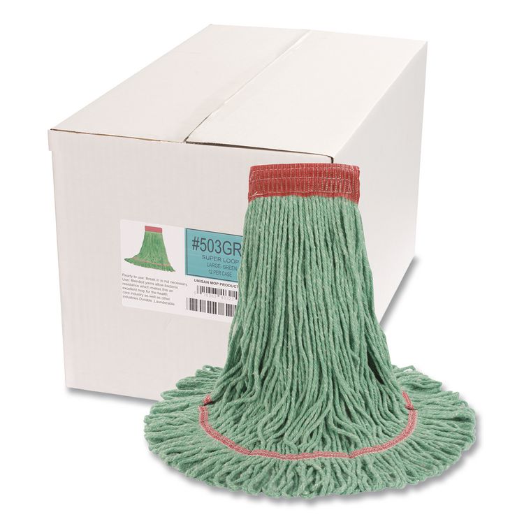 Super Loop Wet Mop Head, Cotton/Synthetic Fiber, 5" Headband, Large Size, Green, 12/Carton