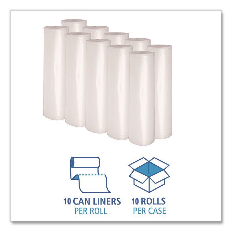 Recycled Low-Density Polyethylene Can Liners, 33 gal, 1.4 mil, 33" x 39", Clear, Perforated, 10 Bags/Roll, 10 Rolls/Carton