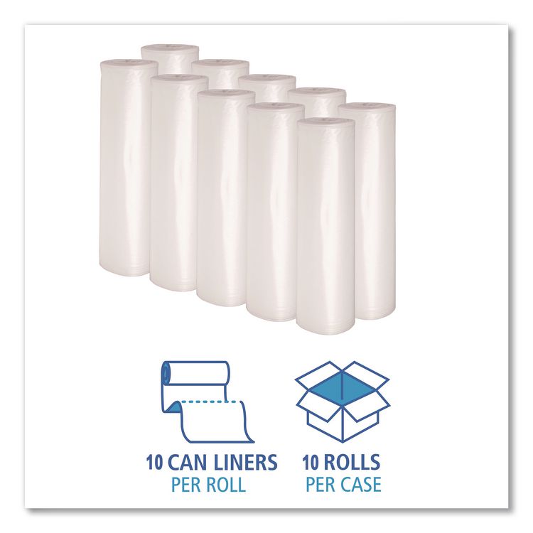 Recycled Low-Density Polyethylene Can Liners, 45 gal, 1.4 mil, 40" x 46", Clear, Perforated, 10 Bags/Roll, 10 Rolls/Carton