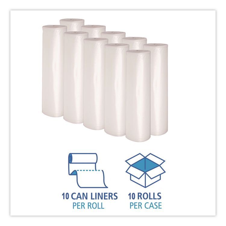 Recycled Low-Density Polyethylene Can Liners, 60 gal, 1.4 mil, 38" x 58", Clear, Perforated, 10 Bags/Roll, 10 Rolls/Carton