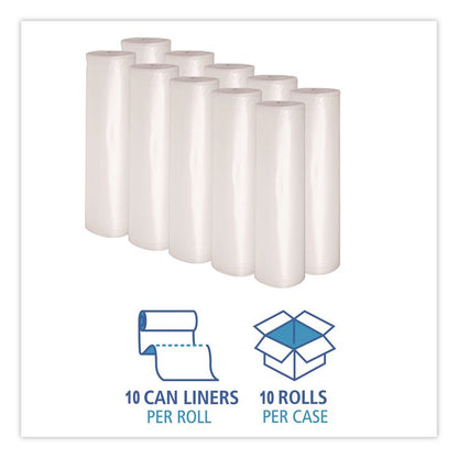 Recycled Low-Density Polyethylene Can Liners, 60 gal, 1.4 mil, 38" x 58", Clear, Perforated, 10 Bags/Roll, 10 Rolls/Carton
