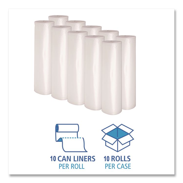 Recycled Low-Density Polyethylene Can Liners, 60 gal, 1.1 mil, 38" x 58", Clear, Perforated, 10 Bags/Roll, 10 Rolls/Carton