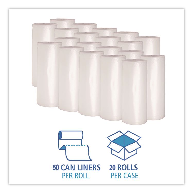 High-Density Can Liners, 16 gal, 7 mic, 24" x 31", Natural, Perforated Roll, 50 Bags/Roll, 20 Rolls/Carton