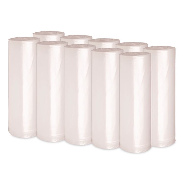 Recycled Low-Density Polyethylene Can Liners, 60 gal, 1.4 mil, 38" x 58", Clear, Perforated, 10 Bags/Roll, 10 Rolls/Carton