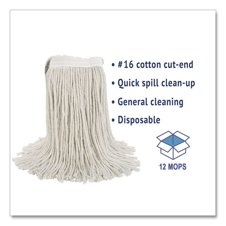 Cut-End Wet Mop Head, Cotton, #16, White, 12/Carton