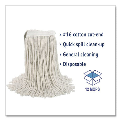 Cut-End Wet Mop Head, Cotton, #16, White, 12/Carton