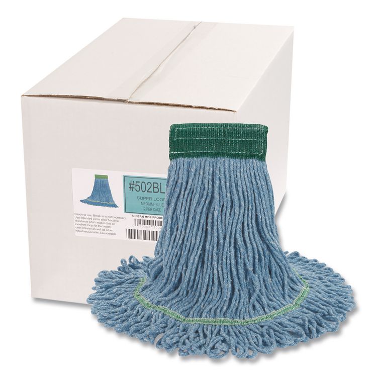 Super Loop Wet Mop Head, Cotton/Synthetic Fiber, 5" Headband, Medium Size, Blue, 12/Carton