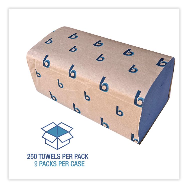 Windshield Paper Towels, 9.05 x 10, Blue, 250/Pack, 9 Packs/Carton
