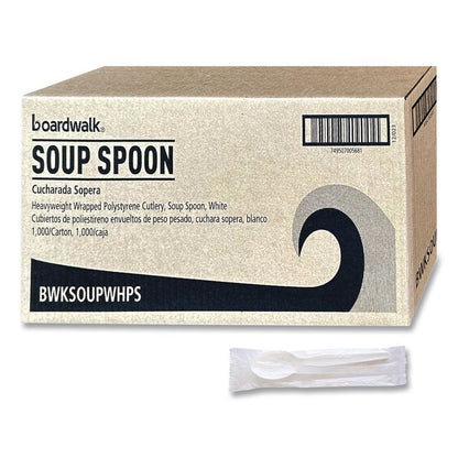 Heavyweight Wrapped Polystyrene Cutlery, Soup Spoon, Plastic, White, 1,000/Carton