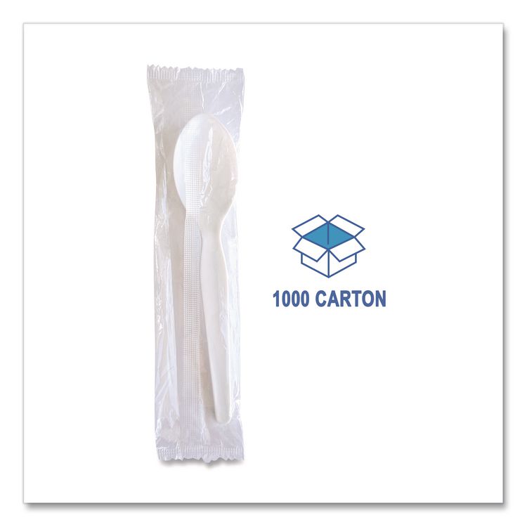 Heavyweight Wrapped Polystyrene Cutlery, Soup Spoon, Plastic, White, 1,000/Carton