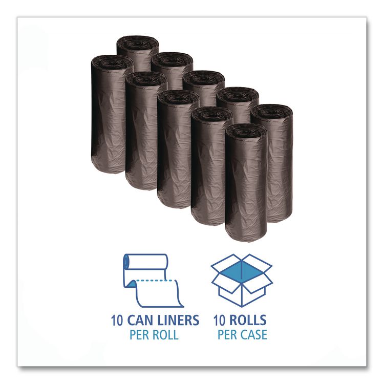 Recycled Low-Density Polyethylene Can Liners, 60 gal, 1.2 mil, 38" x 58", Black, Perforated, 10 Bags/Roll, 10 Rolls/Carton