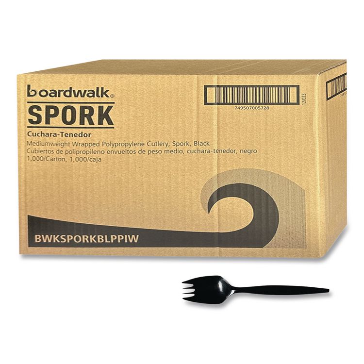 Mediumweight Wrapped Polypropylene Cutlery, Spork, Plastic, Black, 1,000/Carton