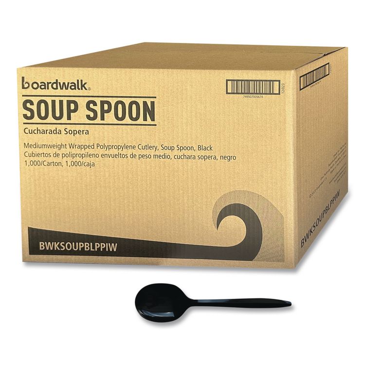 Mediumweight Wrapped Polypropylene Cutlery, Soup Spoon, Plastic, Black, 1,000/Carton