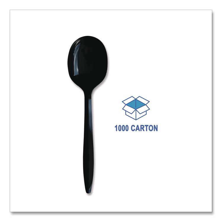 Mediumweight Wrapped Polypropylene Cutlery, Soup Spoon, Plastic, Black, 1,000/Carton